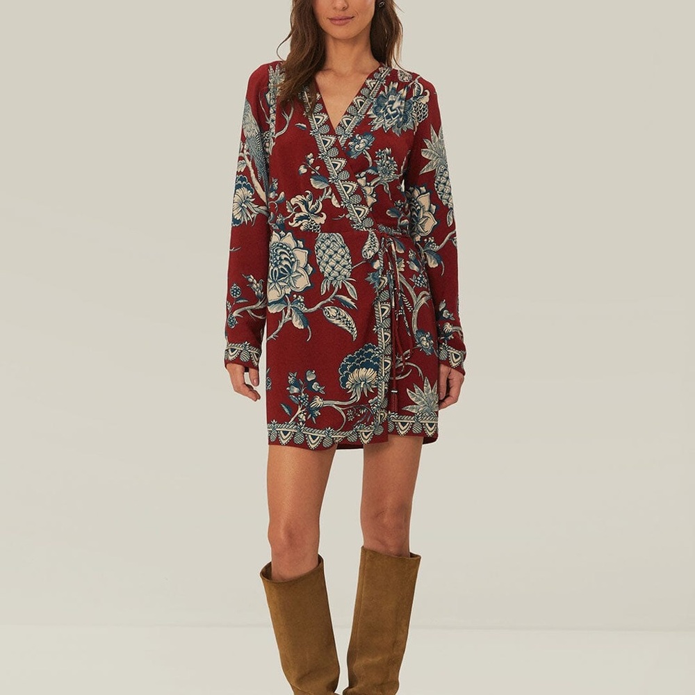 FARM Rio Red Floral Wrap Long Sleeve Dress